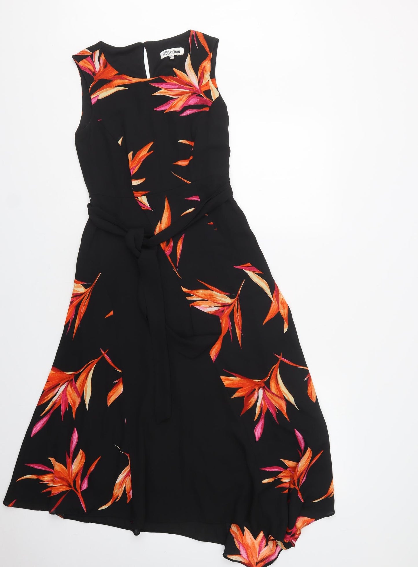 Debenhams Womens Black Floral Polyester A-Line  Size 6  Round Neck Button
