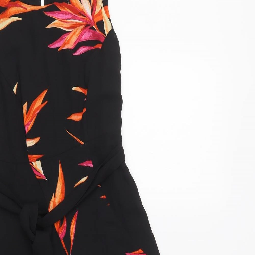 Debenhams Womens Black Floral Polyester A-Line  Size 6  Round Neck Button