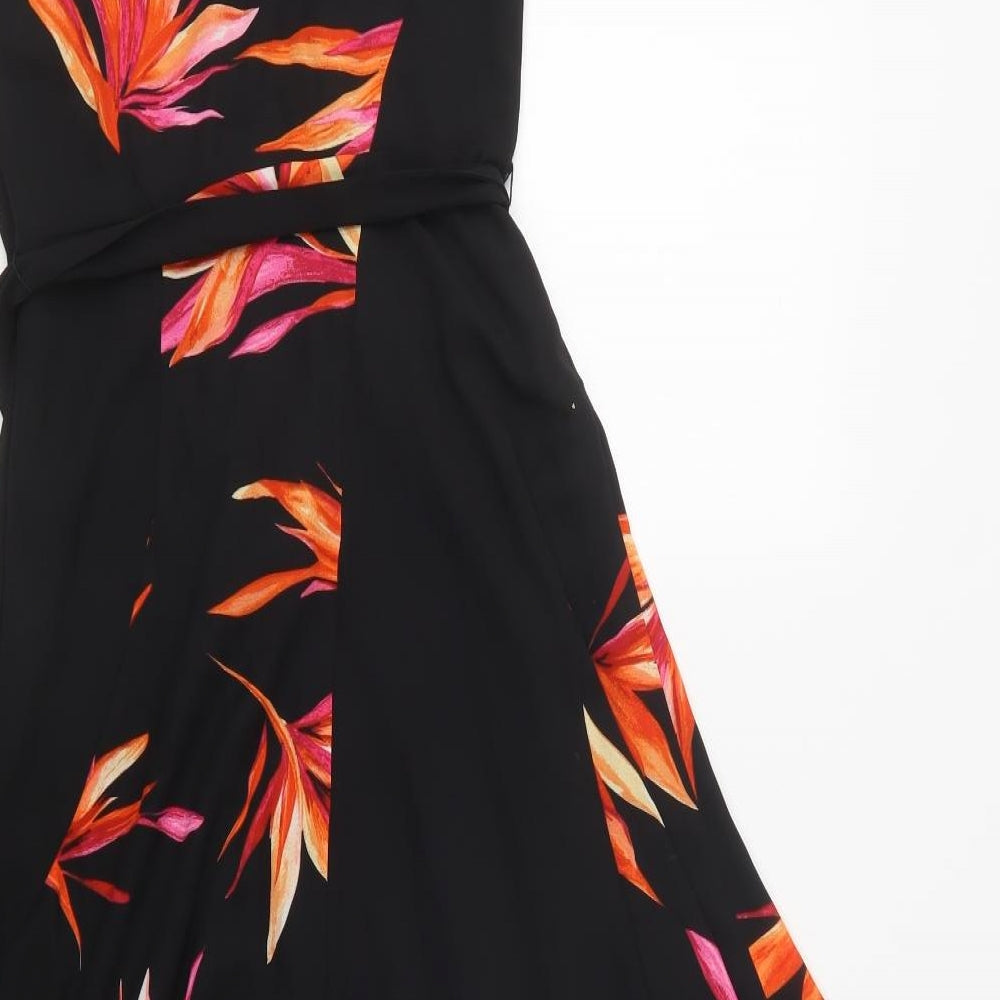 Debenhams Womens Black Floral Polyester A-Line  Size 6  Round Neck Button