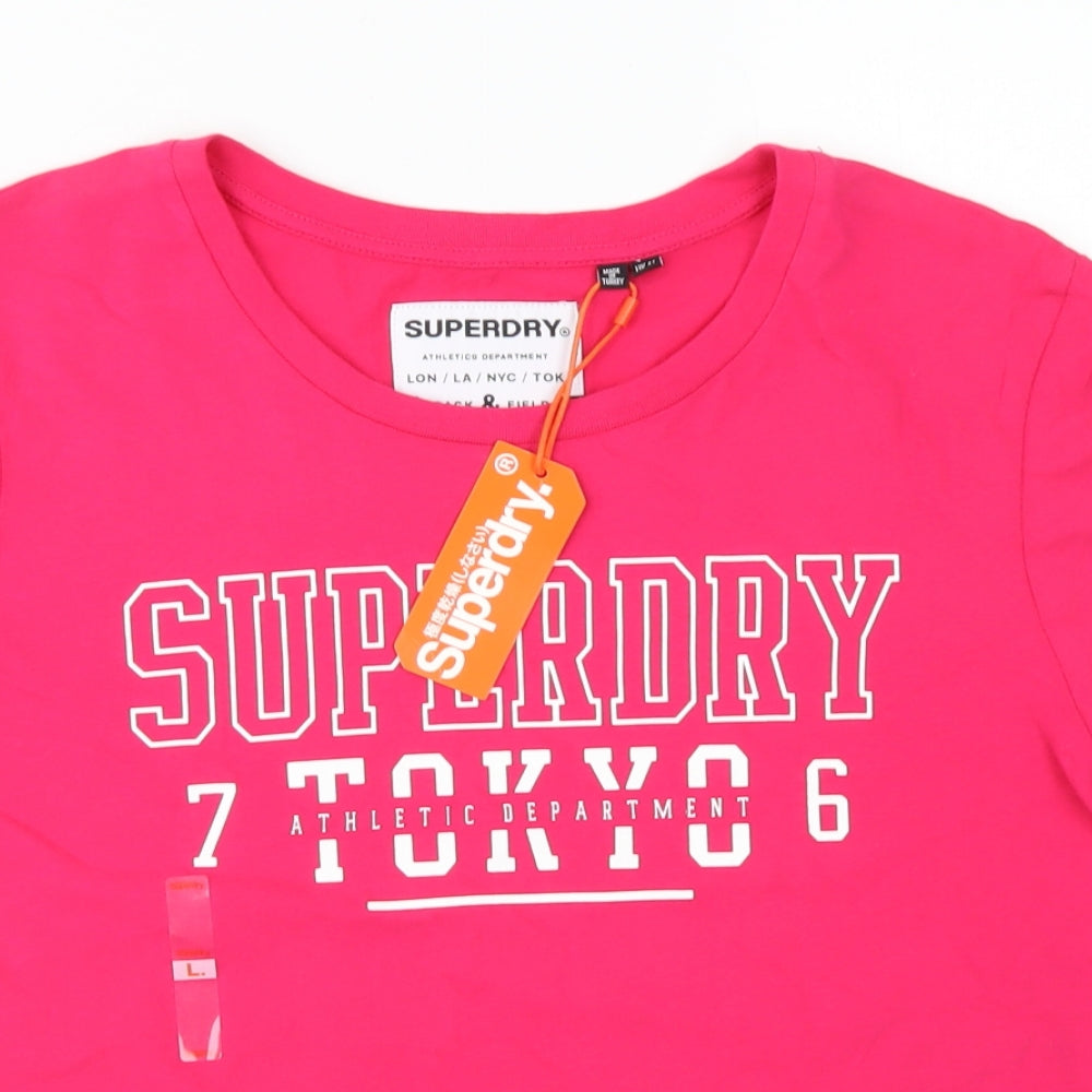 Superdry Womens Pink  Cotton Cropped T-Shirt Size 14 Crew Neck
