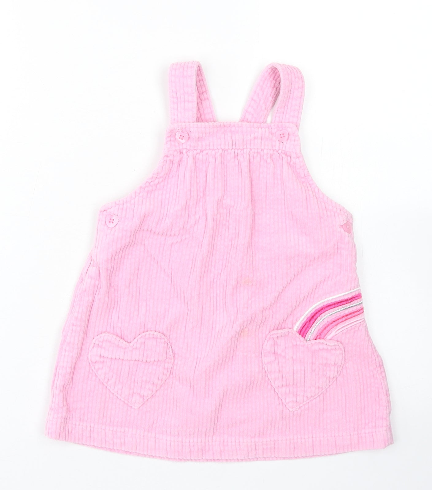 Dunnes Stores Girls Pink  Cotton Pinafore/Dungaree Dress  Size 2-3 Years  Square Neck Button - Rainbow