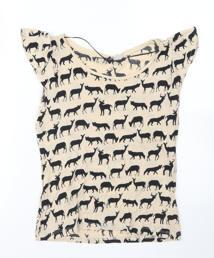 Divided Womens Brown Cotton Basic T-Shirt Size 8 Round Neck - Deer Print