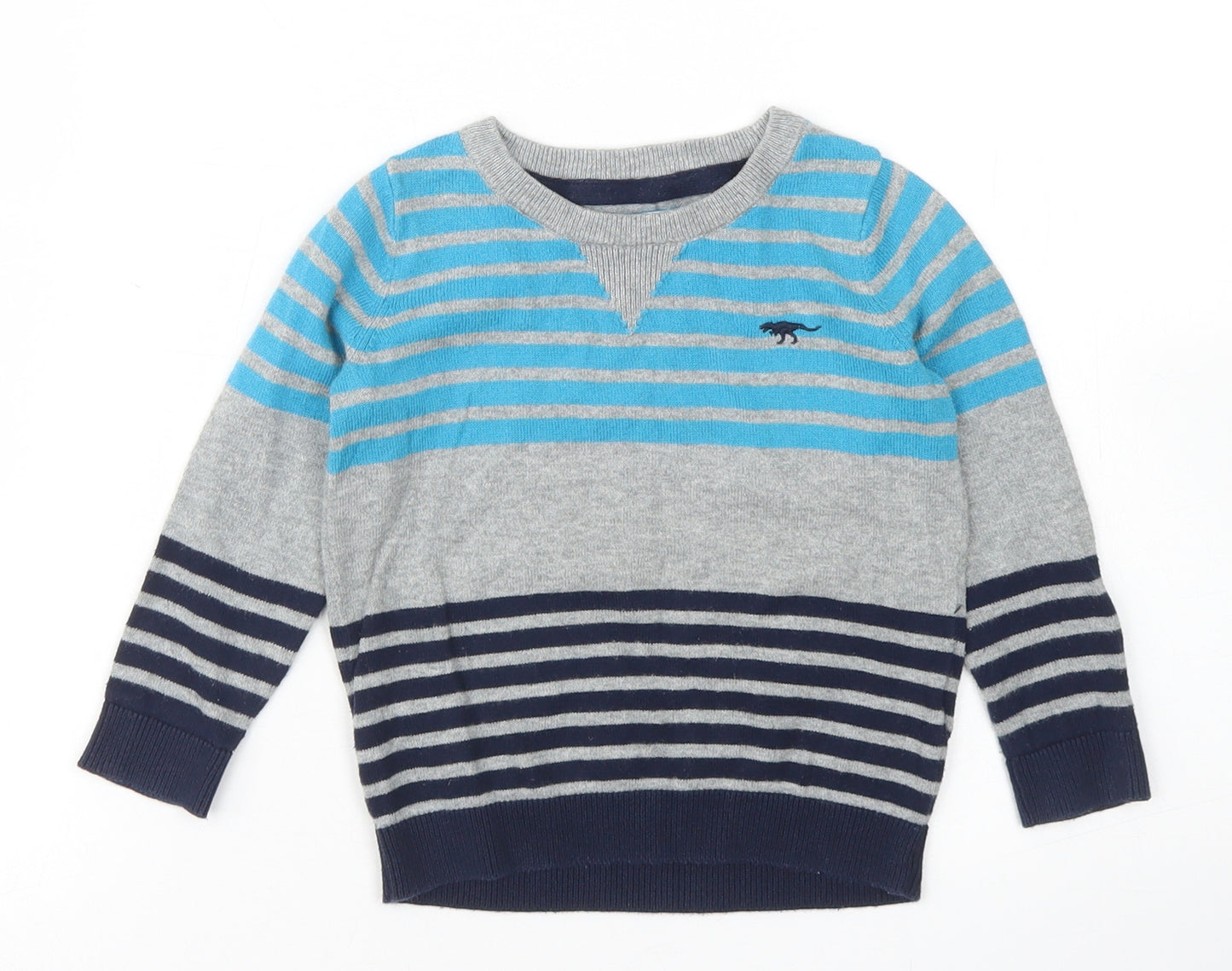 Bluezoo Boys Grey Crew Neck Striped Cotton Pullover Jumper Size 2-3 Years