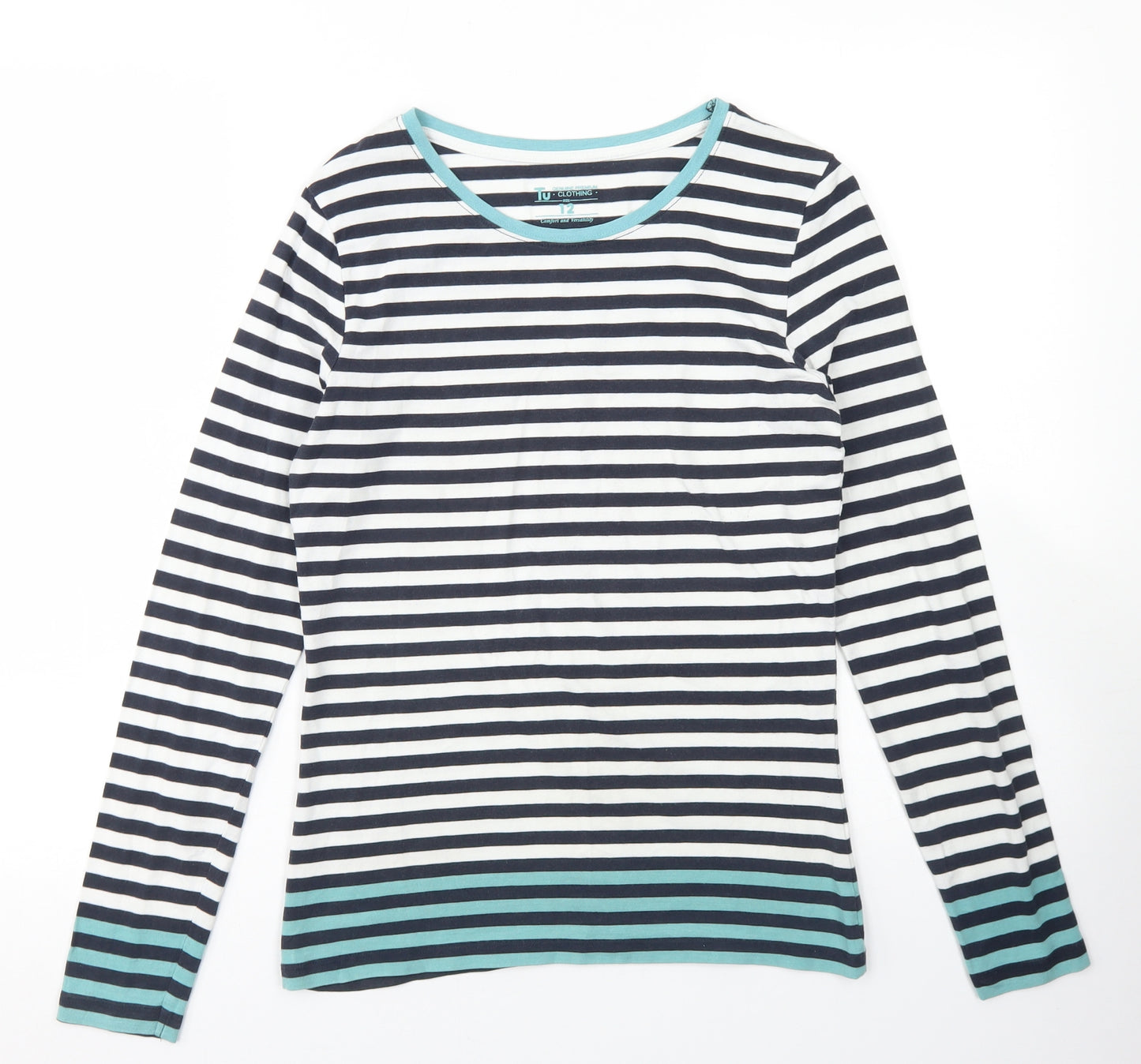 TU Womens Blue Striped Cotton Basic T-Shirt Size 12 Round Neck