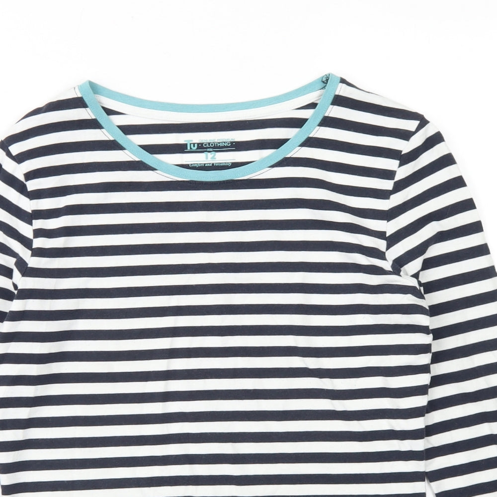 TU Womens Blue Striped Cotton Basic T-Shirt Size 12 Round Neck