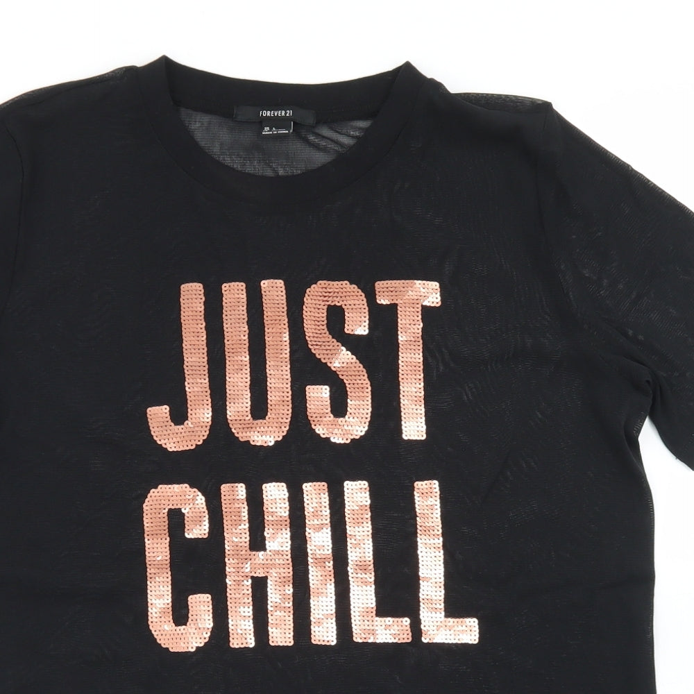 FOREVER 21 Womens Black  Nylon Basic T-Shirt Size L Crew Neck
