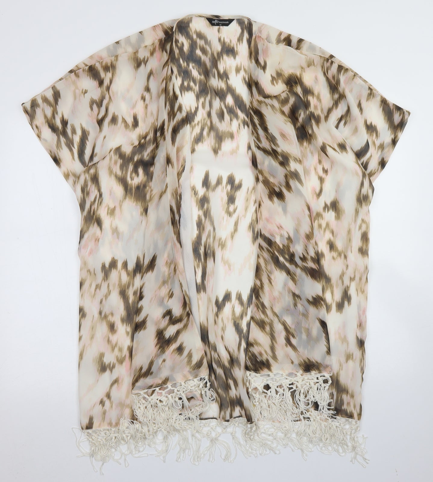 Internacionale Womens Brown Animal Print Polyester Kimono Blouse Size 14 Round Neck