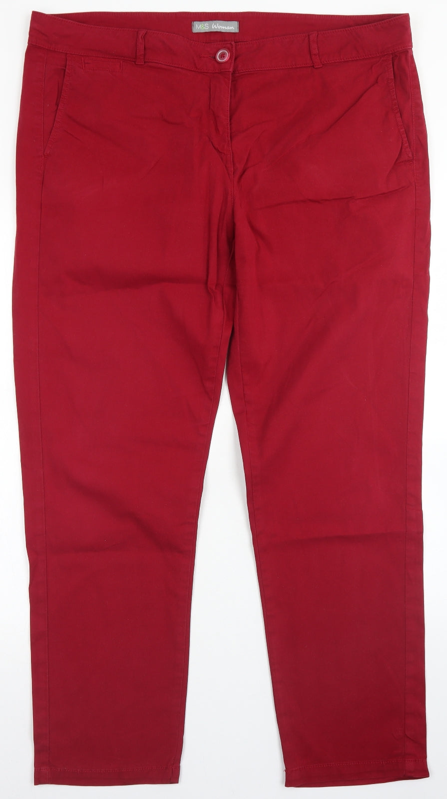 M&S  Womens Red  Cotton Chino Trousers Size 18 L29 in Regular Button