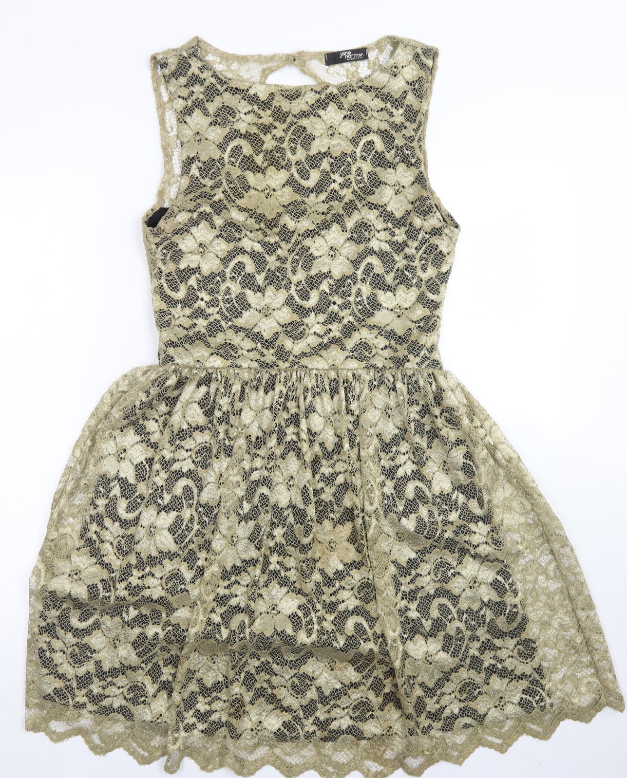 Jane Norman Womens Gold  Nylon Skater Dress  Size 14  Round Neck Button - Open Back