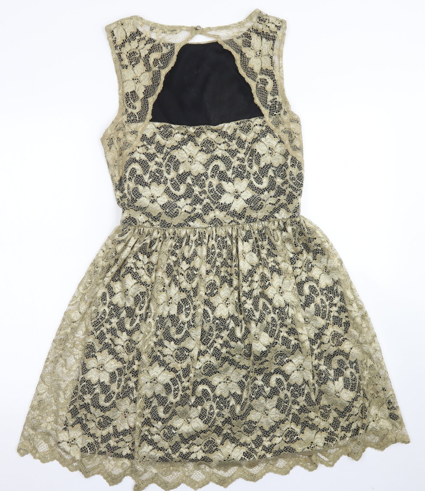 Jane Norman Womens Gold  Nylon Skater Dress  Size 14  Round Neck Button - Open Back