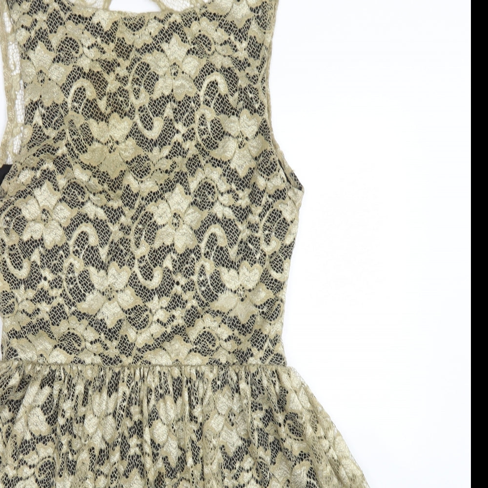 Jane Norman Womens Gold  Nylon Skater Dress  Size 14  Round Neck Button - Open Back