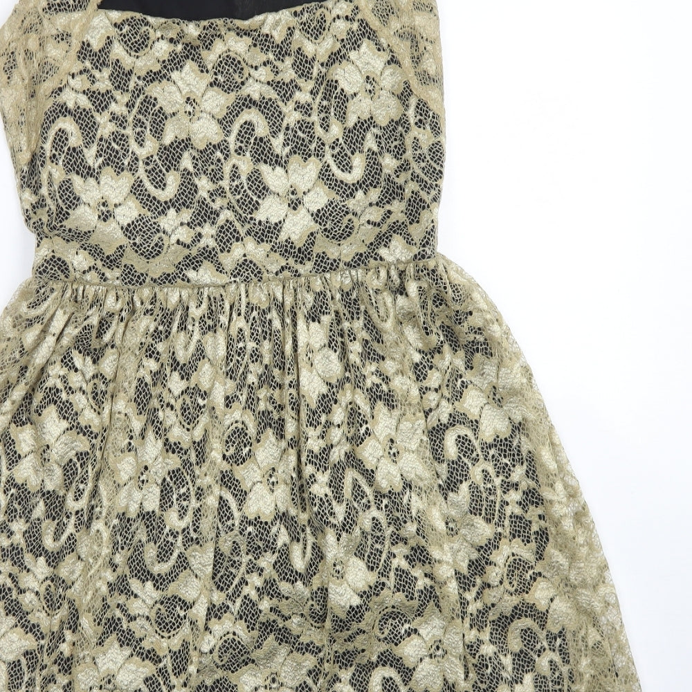 Jane Norman Womens Gold  Nylon Skater Dress  Size 14  Round Neck Button - Open Back