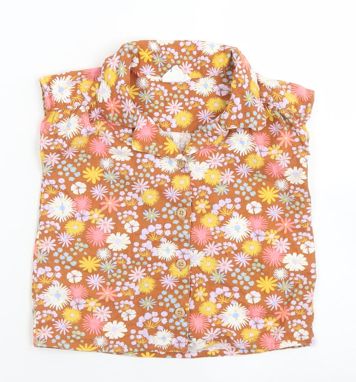 Sage x Clare Girls Brown Floral Plastic Basic Button-Up Size 3 Years Collared Button