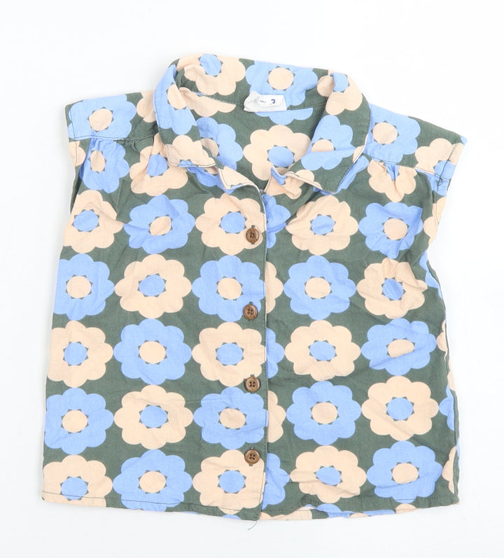 Sage x Clare Girls Green Floral Plastic Basic Button-Up Size 3 Years Collared Button