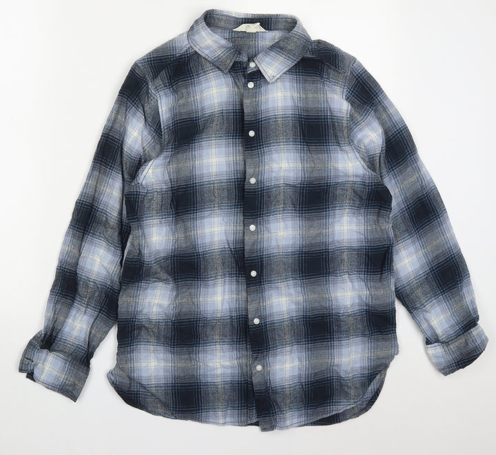 H&M Mens Blue Check Cotton  Button-Up Size S Collared Button