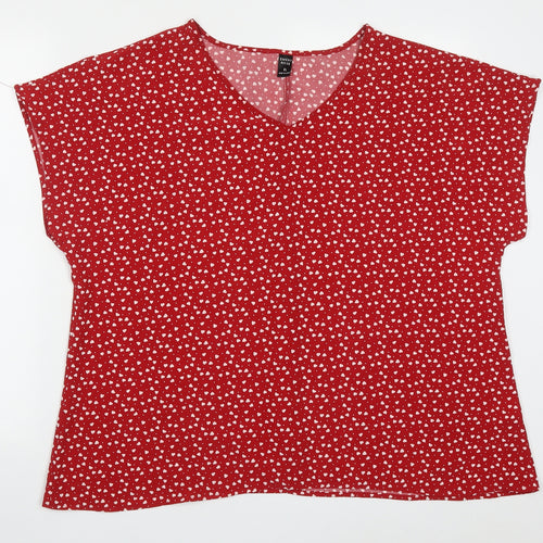 Emery Rose Womens Red  Polyester Basic Blouse Size XL V-Neck - Love Hearts