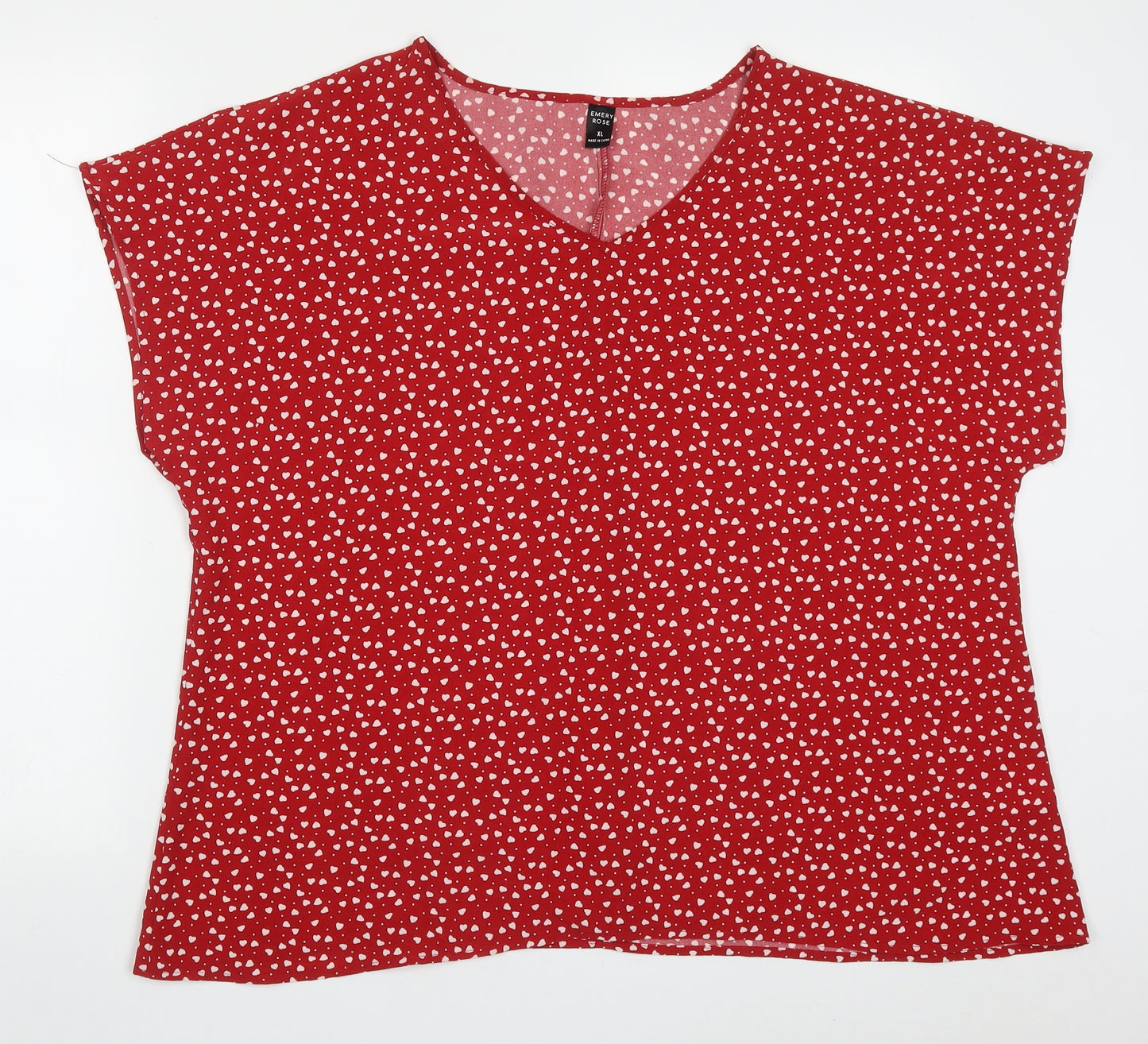 Emery Rose Womens Red  Polyester Basic Blouse Size XL V-Neck - Love Hearts