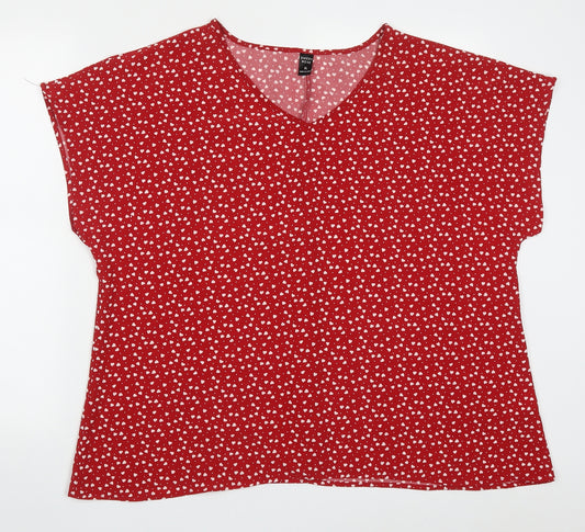 Front view of Emery Rose women’s red polyester basic blouse, size XL, v-neck - love hearts