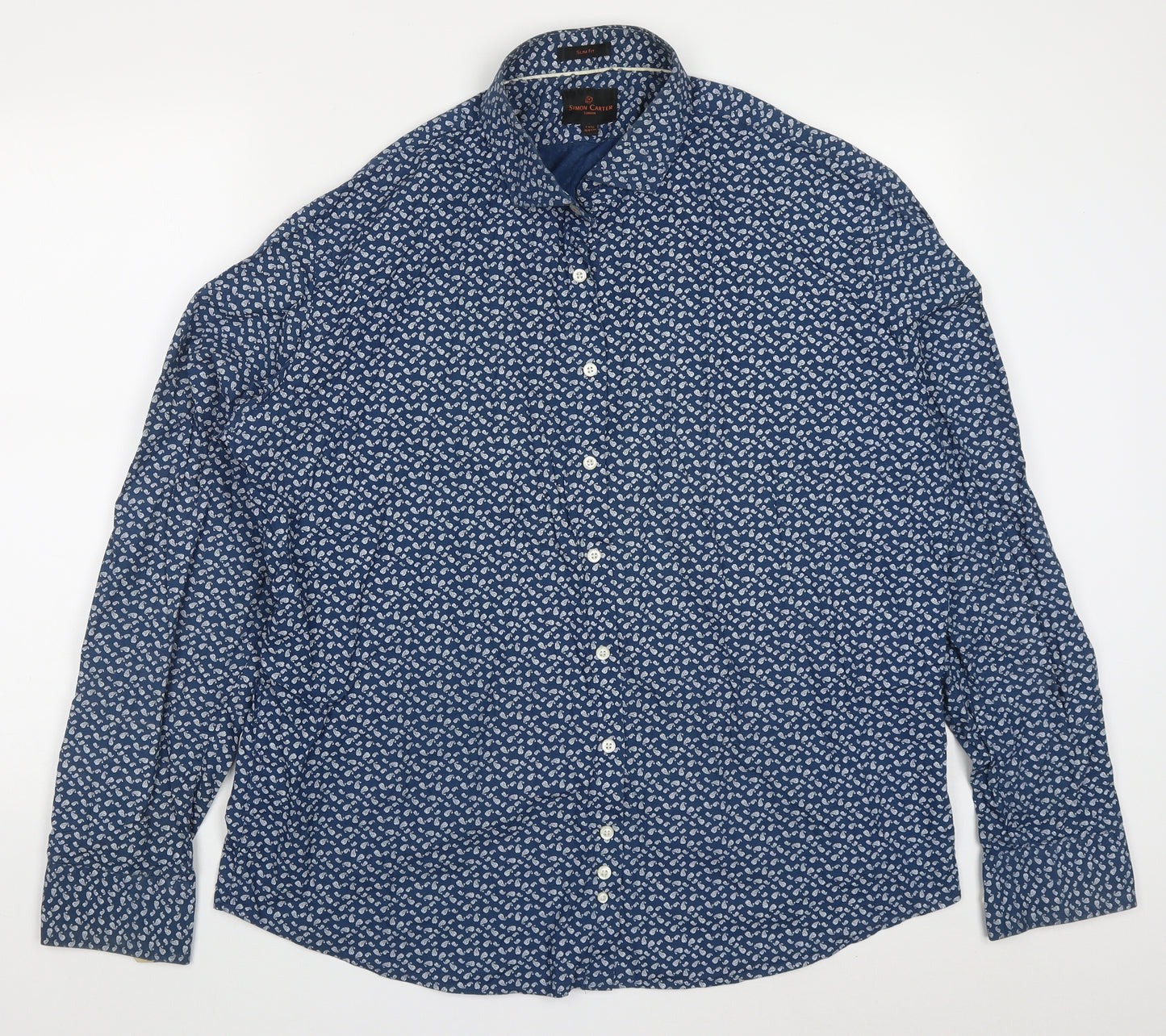 Simon Carter Mens Blue Paisley Cotton  Button-Up Size 17.5 Collared Button