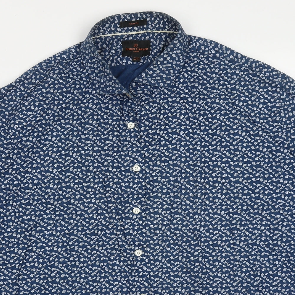 Simon Carter Mens Blue Paisley Cotton  Button-Up Size 17.5 Collared Button