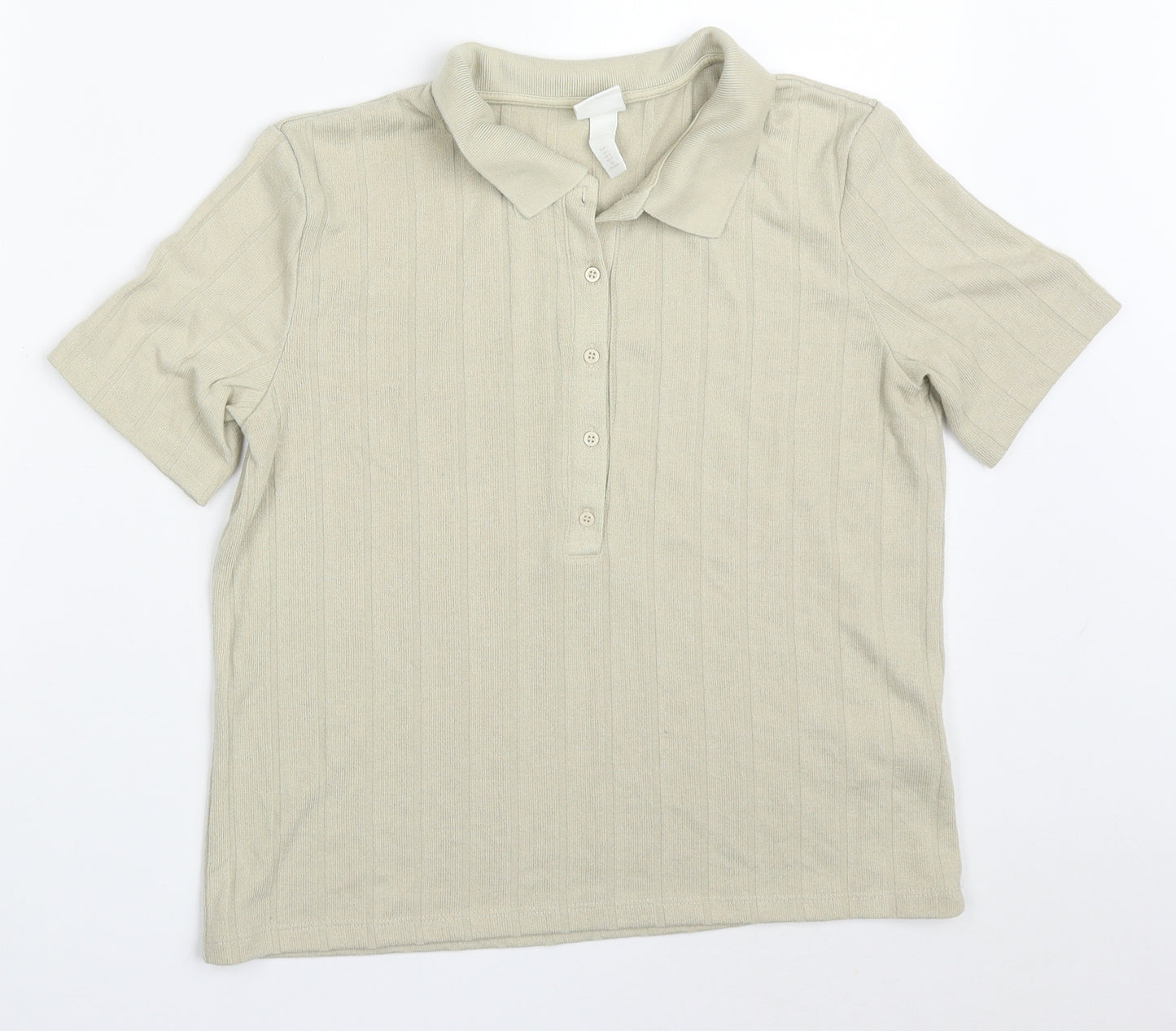 H&M Womens Beige Striped Viscose Basic Polo Size L Collared