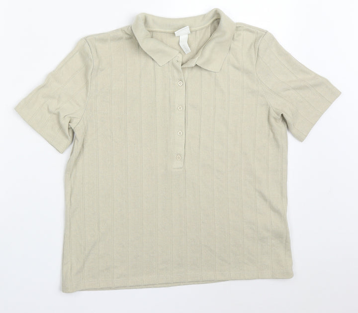 H&M Womens Beige Striped Viscose Basic Polo Size L Collared