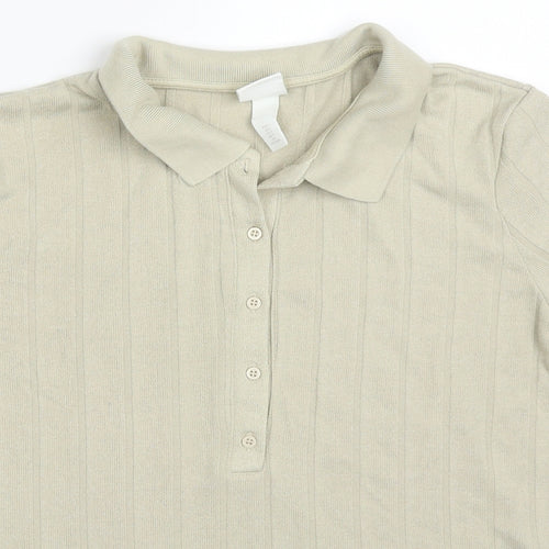 H&M Womens Beige Striped Viscose Basic Polo Size L Collared
