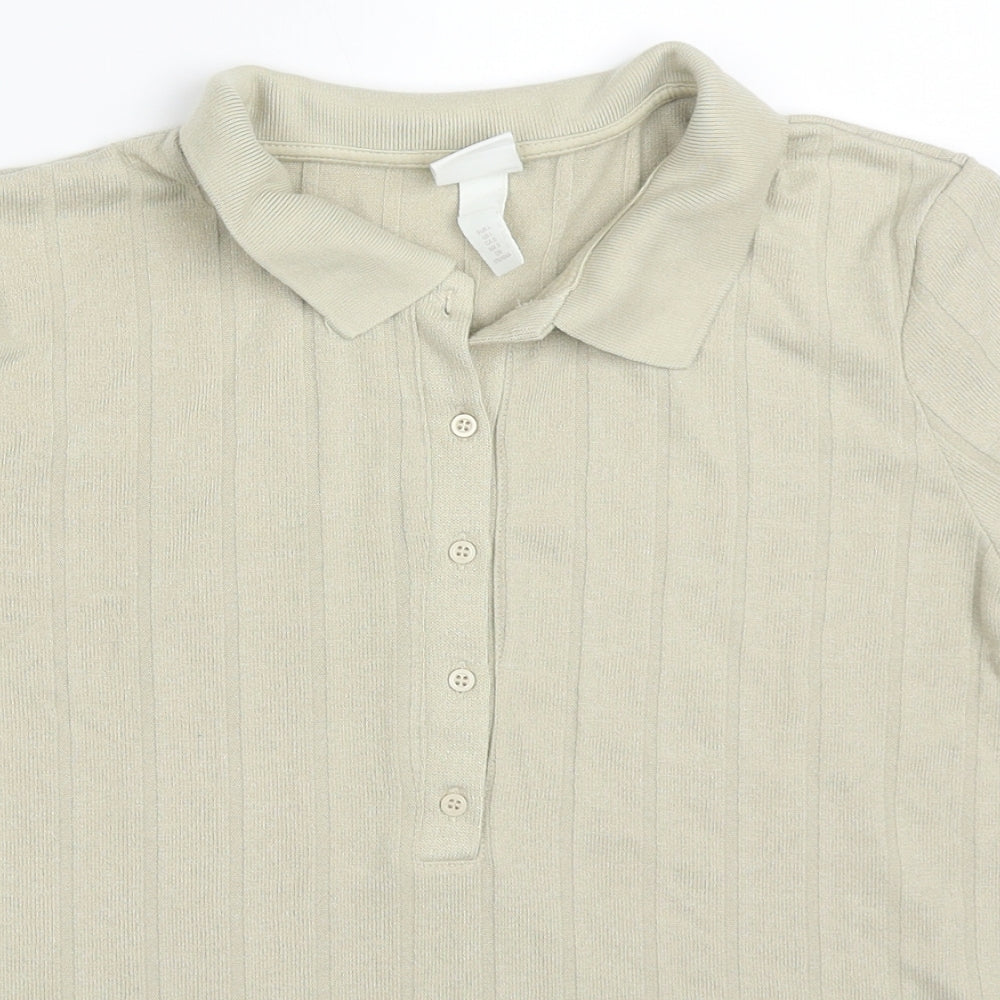 H&M Womens Beige Striped Viscose Basic Polo Size L Collared