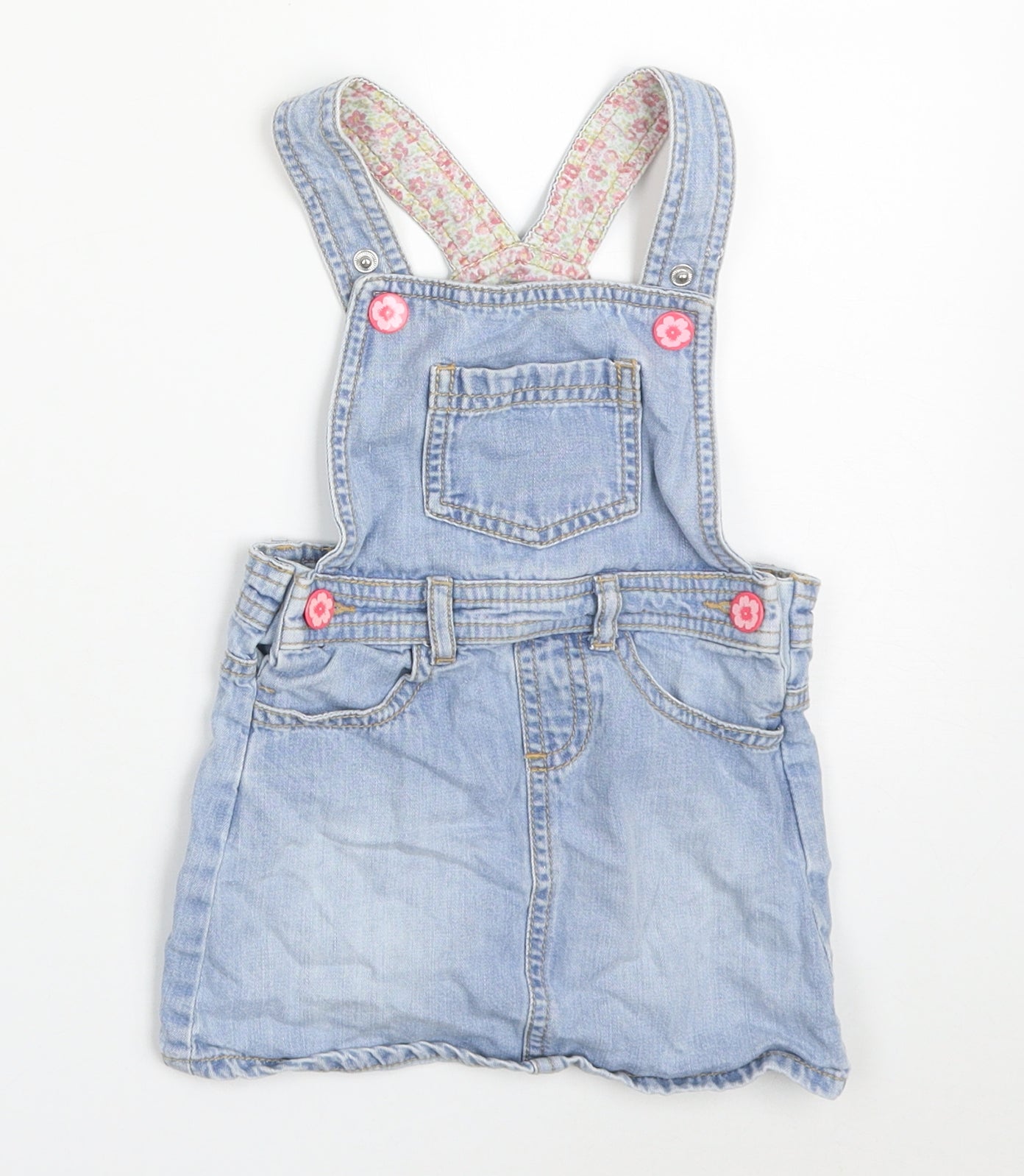 Mothercare Girls Blue  Cotton Pinafore/Dungaree Dress  Size 18-24 Months  Square Neck Button