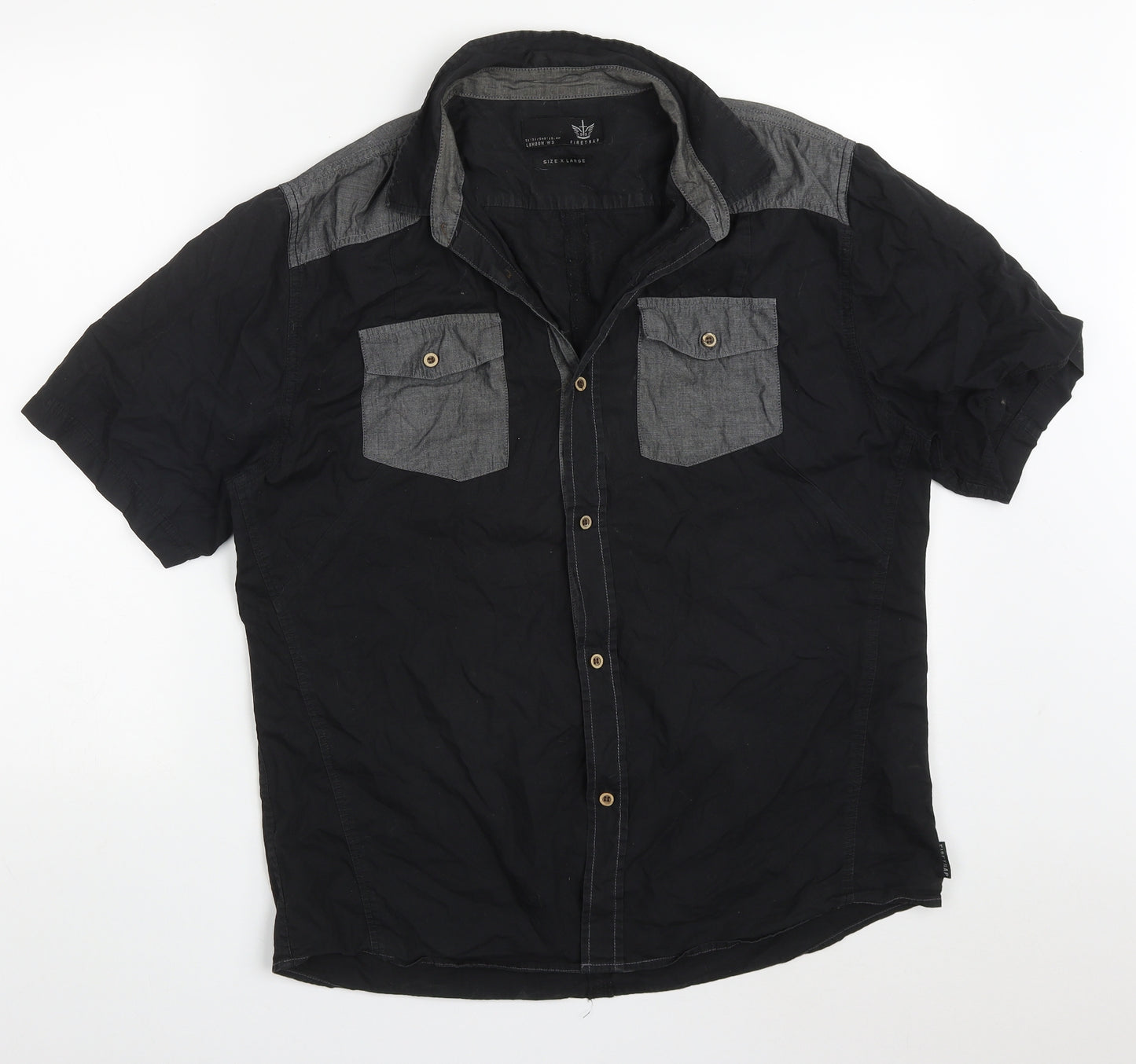 Firetra Mens Black  Cotton  Button-Up Size XL Collared Button