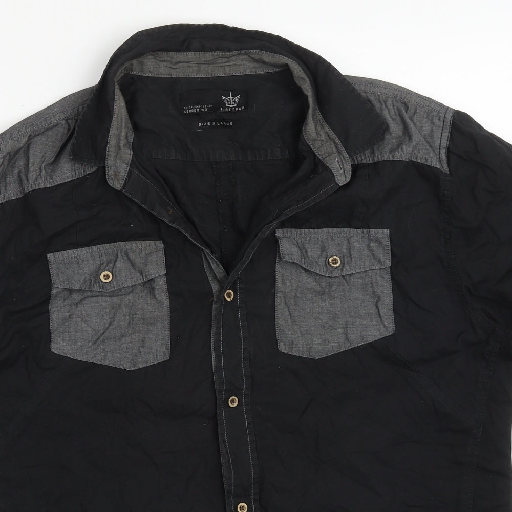 Firetra Mens Black  Cotton  Button-Up Size XL Collared Button