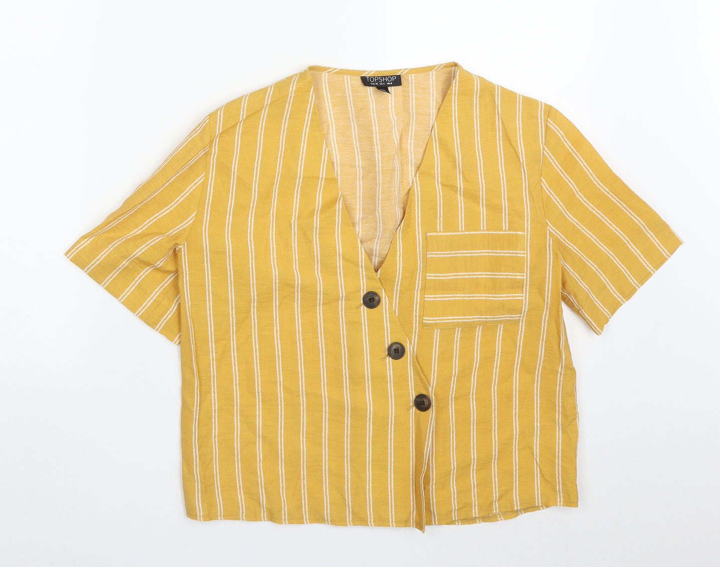 Topshop Womens Yellow Striped Viscose Basic Button-Up Size 8 V-Neck
