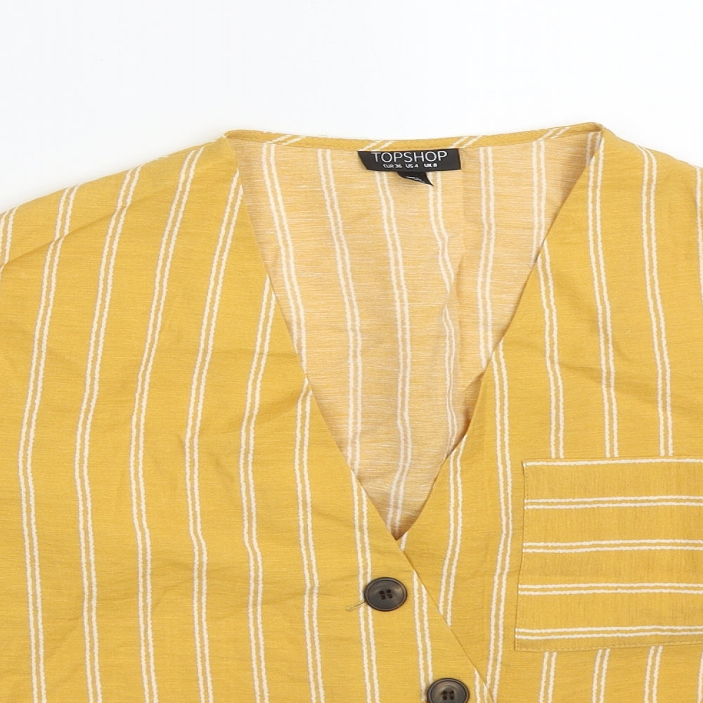 Topshop Womens Yellow Striped Viscose Basic Button-Up Size 8 V-Neck