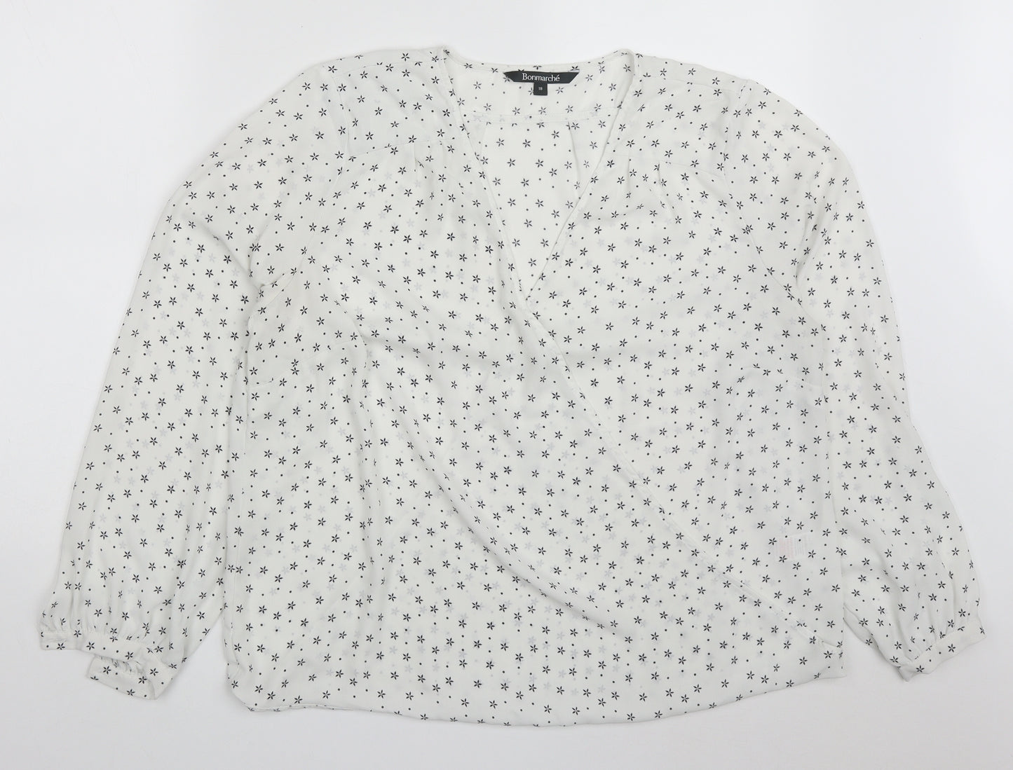 Bonmarché Womens White Geometric Polyester Basic Blouse Size 18 V-Neck