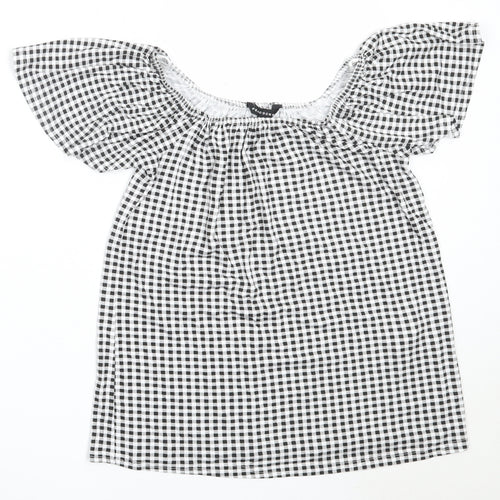 Peacocks Womens Black Check Viscose Basic Blouse Size 10 Off the Shoulder