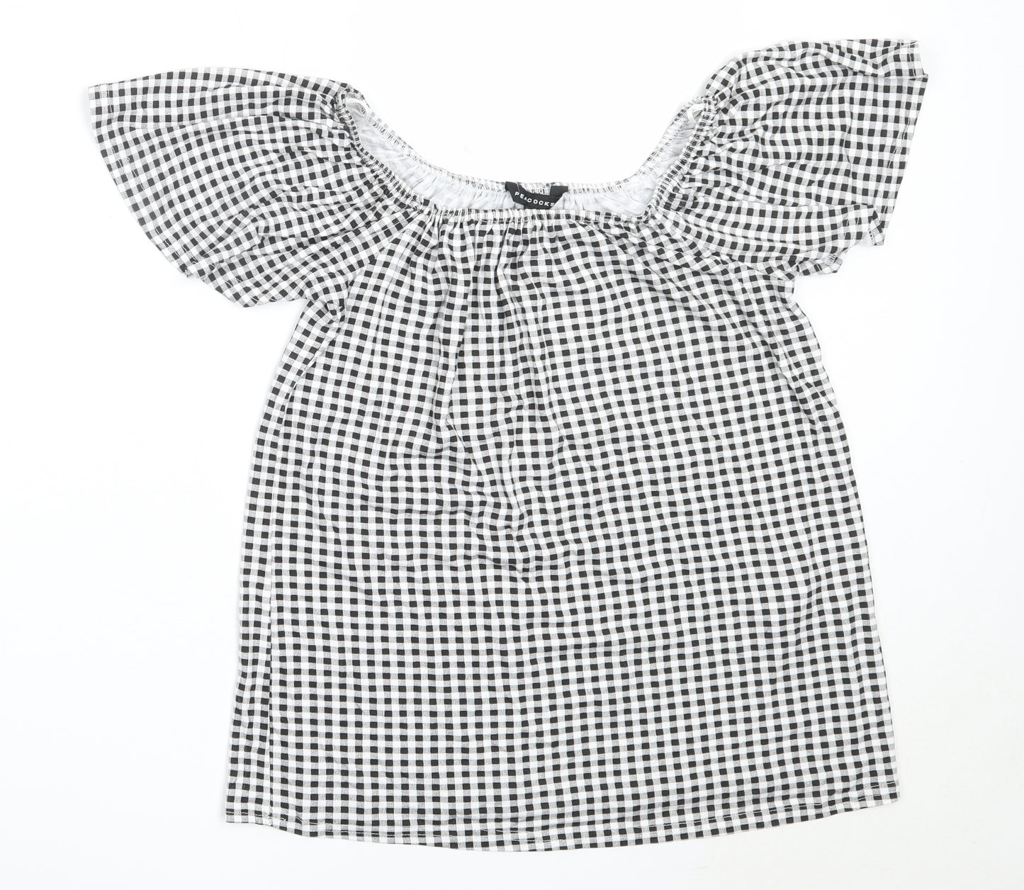 Peacocks Womens Black Check Viscose Basic Blouse Size 10 Off the Shoulder