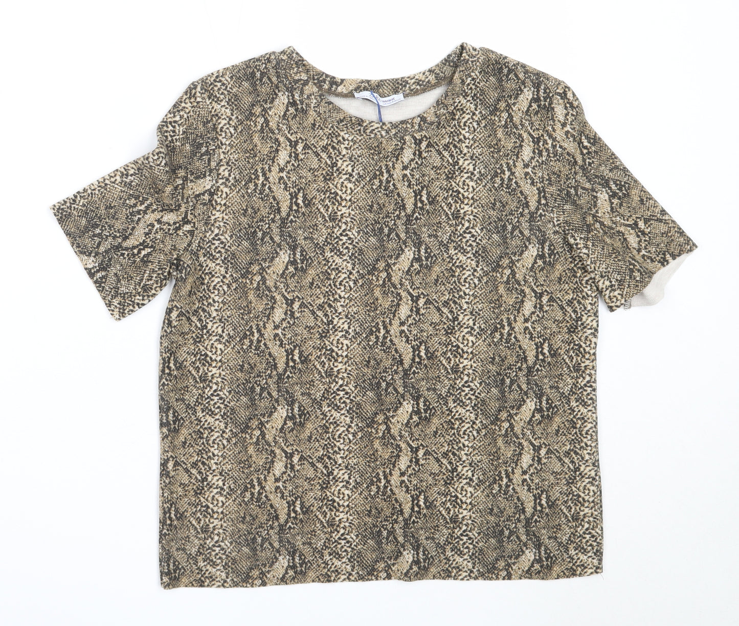 Zara Womens Beige Animal Print Polyester Basic T-Shirt Size M Round Neck