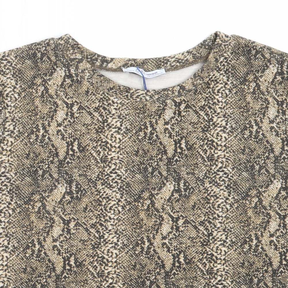 Zara Womens Beige Animal Print Polyester Basic T-Shirt Size M Round Neck