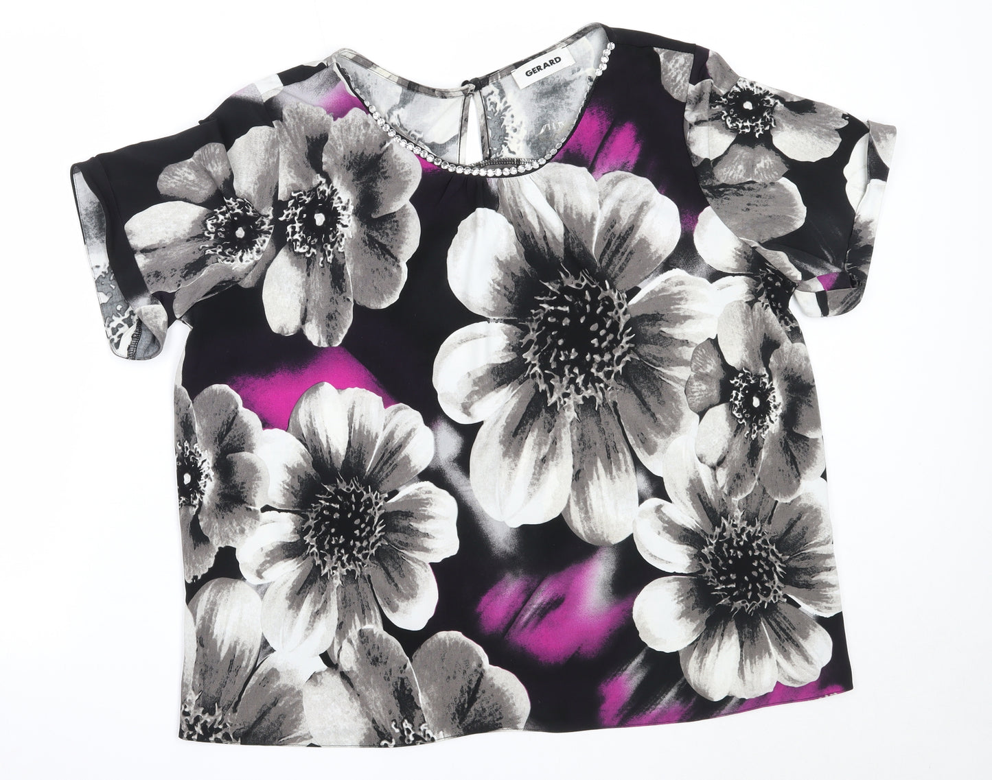 Gerard Womens Black Floral Polyester Basic Blouse Size 20 Round Neck