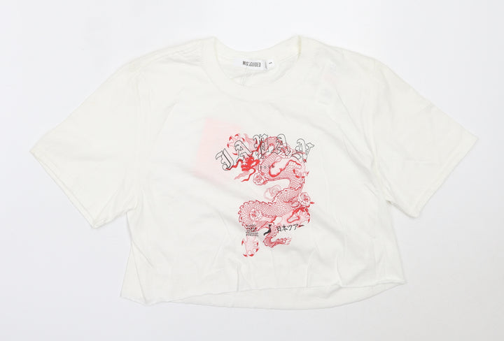 Missguided Womens White  Cotton Cropped T-Shirt Size S Round Neck