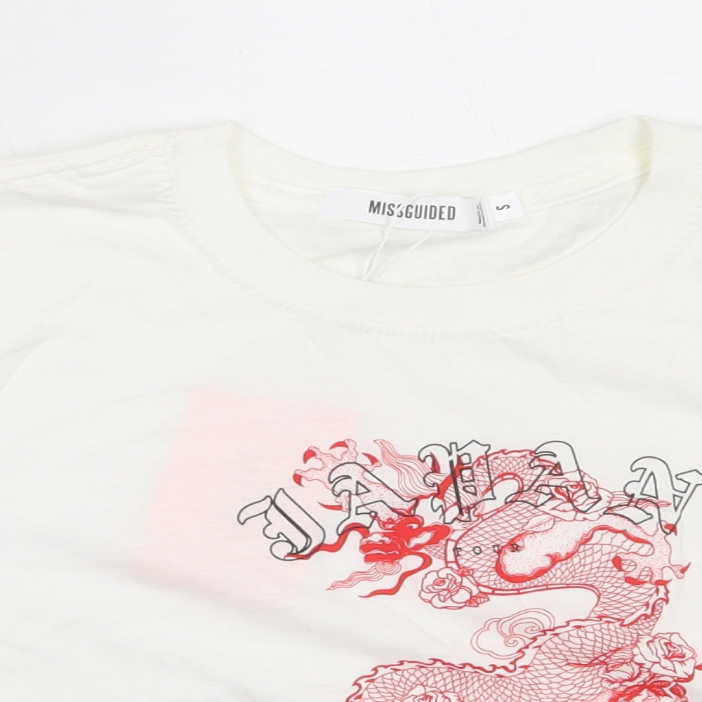 Missguided Womens White  Cotton Cropped T-Shirt Size S Round Neck