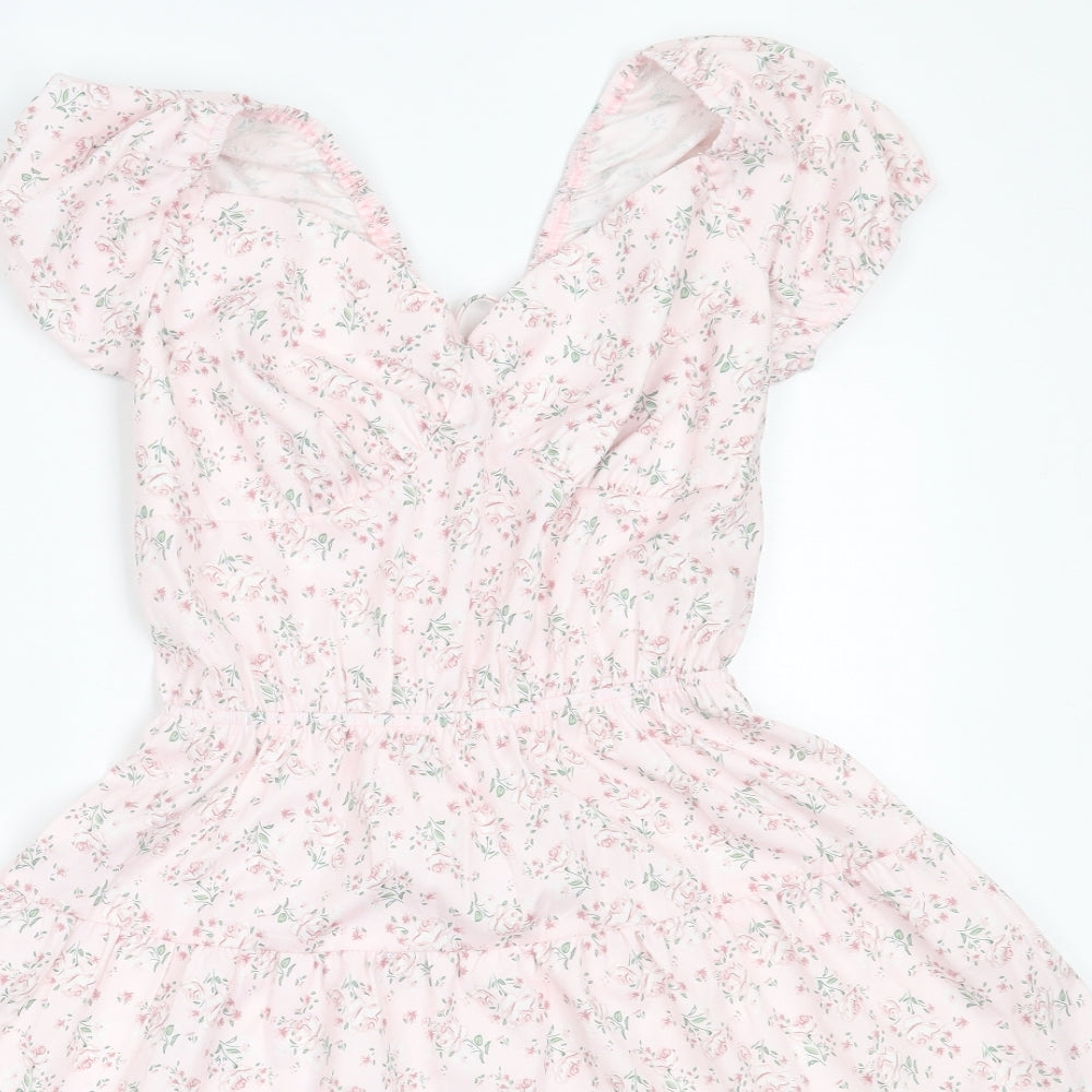 ROMWE Womens Pink Floral Polyester Fit & Flare  Size S  V-Neck