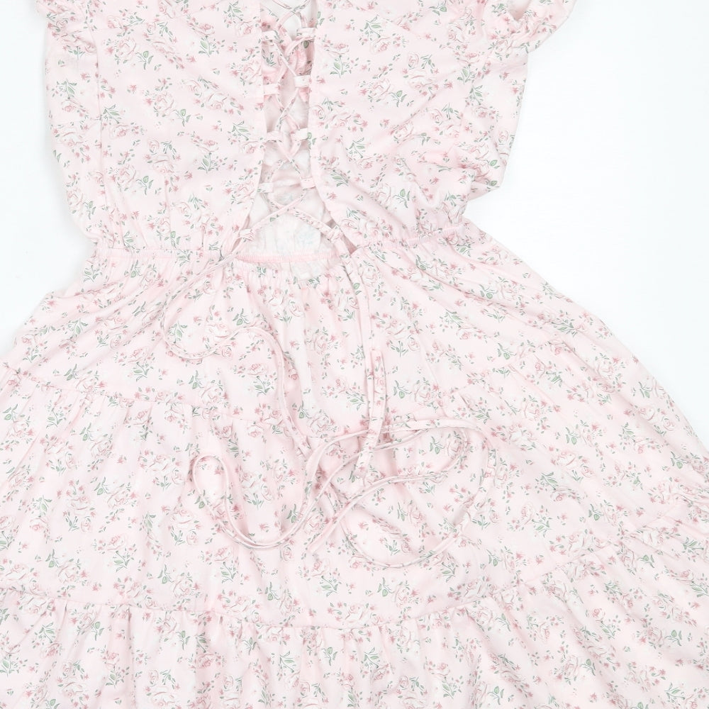 ROMWE Womens Pink Floral Polyester Fit & Flare  Size S  V-Neck