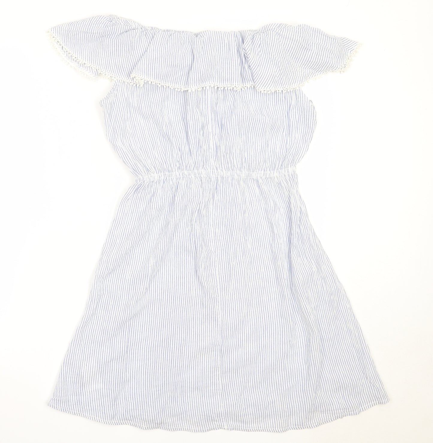 H&M Womens Blue Striped Cotton Fit & Flare  Size 36  Off the Shoulder