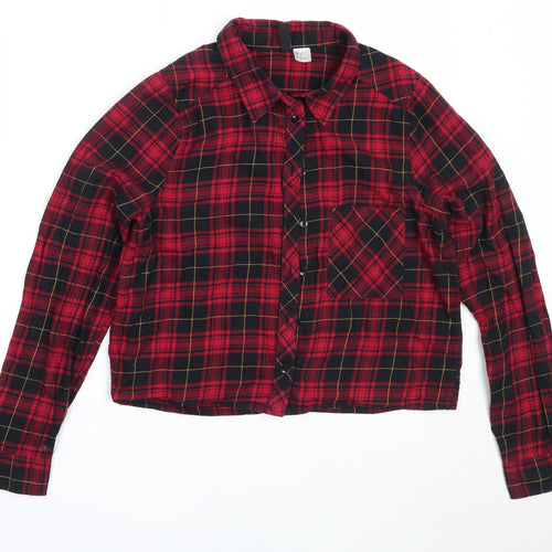 H&M Womens Red Check Cotton Basic Button-Up Size 36 Collared