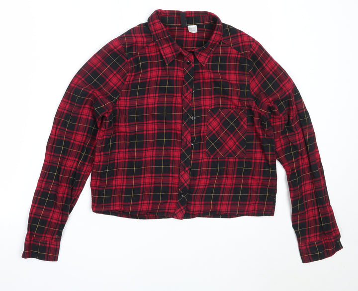 H&M Womens Red Check Cotton Basic Button-Up Size 36 Collared