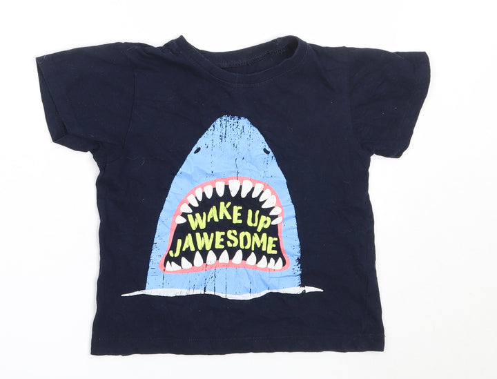B&M Boys Blue Cotton Basic T-Shirt Size 6-7 Years Round Neck - shark