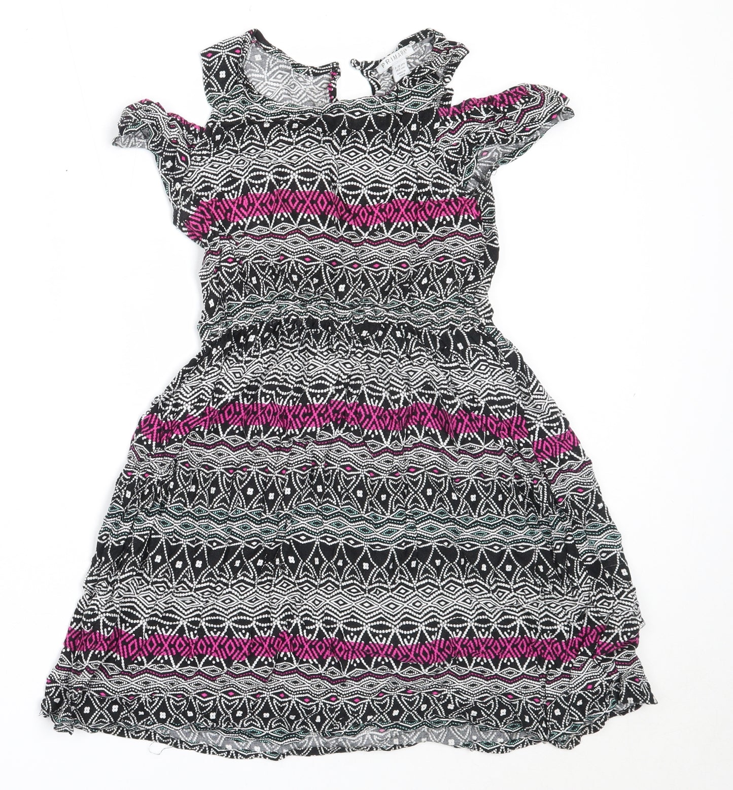 Primark Girls Black Geometric Viscose Skater Dress  Size 9-10 Years  Round Neck