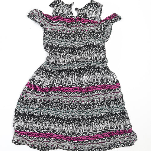 Primark Girls Black Geometric Viscose Skater Dress  Size 9-10 Years  Round Neck