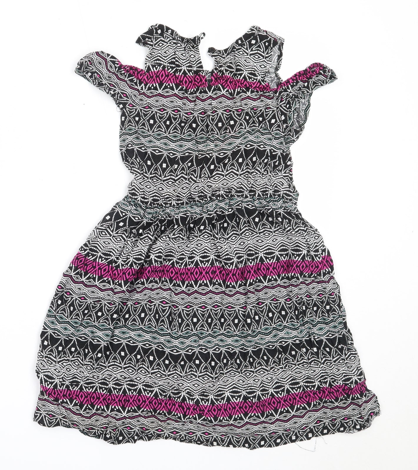 Primark Girls Black Geometric Viscose Skater Dress  Size 9-10 Years  Round Neck